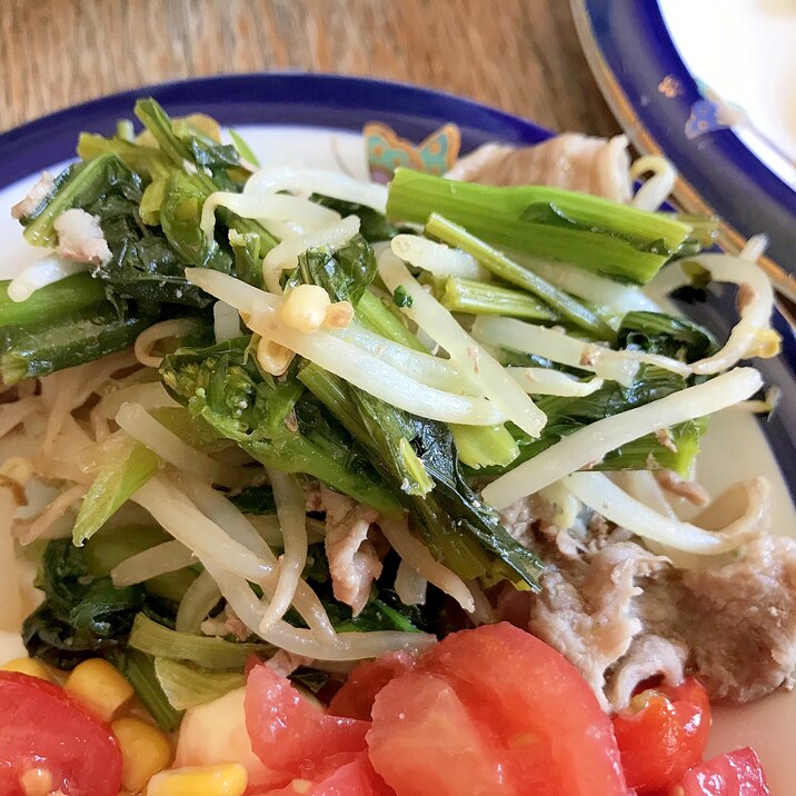 節約もやしレシピ☆豚肉とかきなの生姜炒め煮